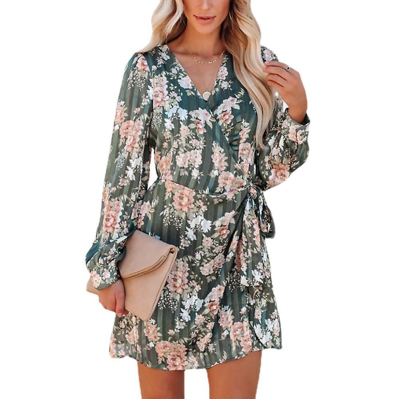 Summer Printed Long Sleeve V-neck Vacation Casual Dress for Women - Image 5