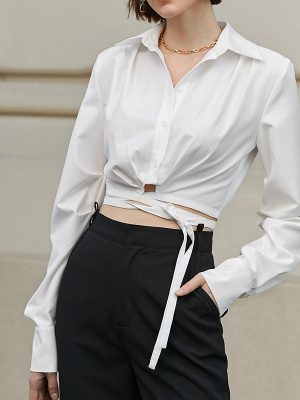 Design Slim Fit Lace Up White Shirt Short Shirt Women