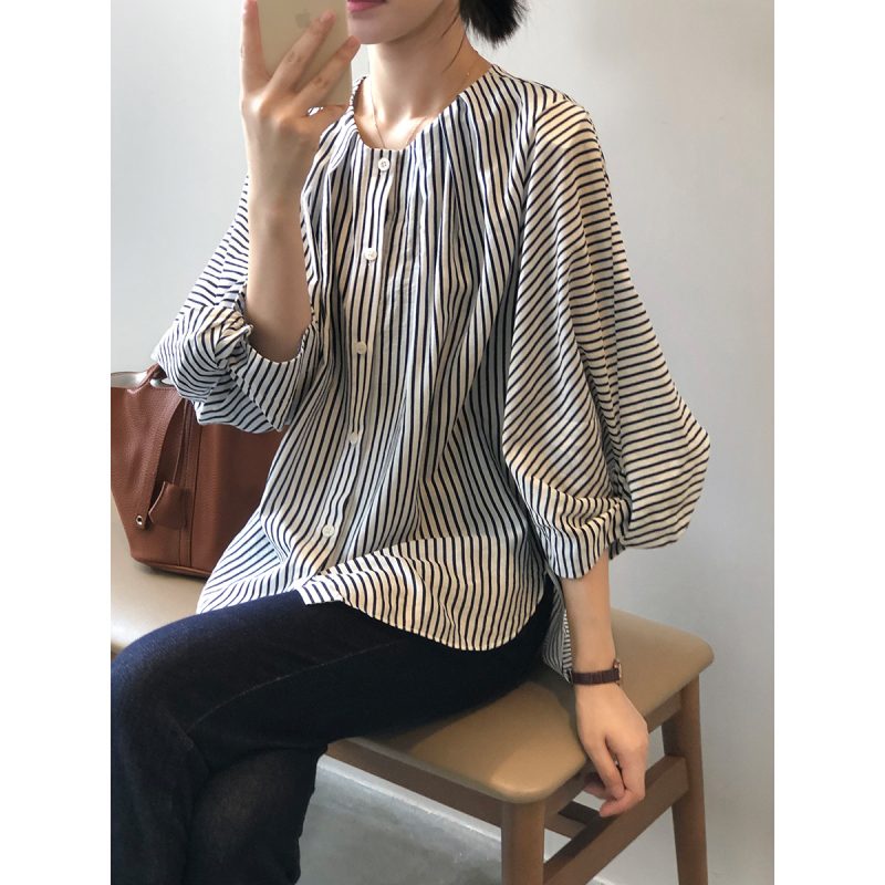 Loose round Neck Striped Shirt Spring Simple Graceful Bai Match Three Quarter Sleeve Shirt - Image 2