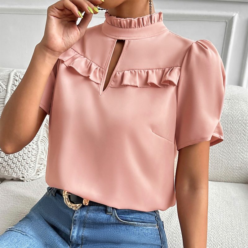 Solid Color Shirt Women Summer Elegant Short Sleeve Top - Image 3