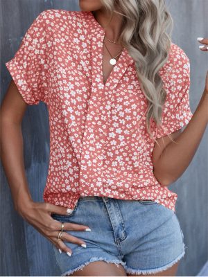 Casual Shirt Pleated V Neck Short Sleeve Small Floral Shirt