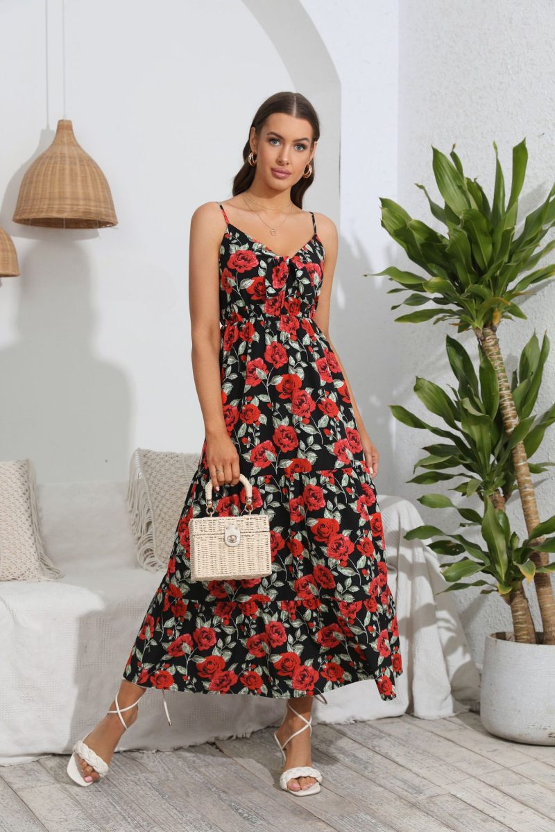 Spring Summer Popular Lace up Floral Dress Bohemian Large Swing - Image 4