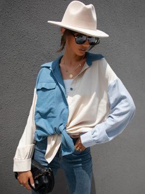 Summer Spring New  Color Block Stitching Shirt for Women