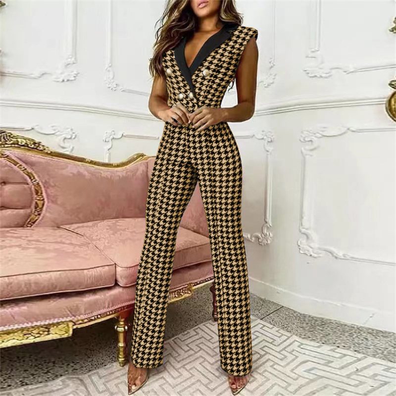 Spring Summer Women Clothing  Color Matching Button V-neck Sleeveless Houndstooth Jumpsuit Business Wear for Women - Image 3