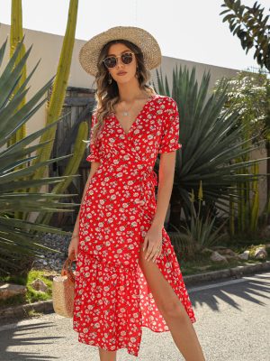 Summer Sexy V Neck Chiffon Printed Dress Bohemian Maxi Dress Beach Dress