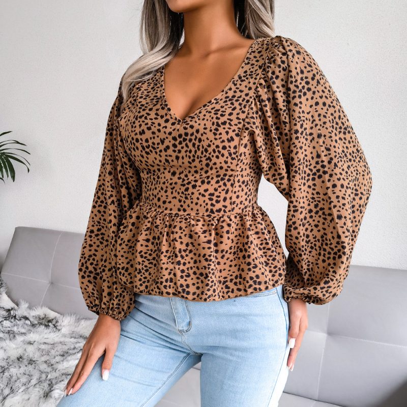 Lantern Long Sleeve Casual Leopard Print Chiffon Shirt Top Women Clothing Spring Summer - Image 4