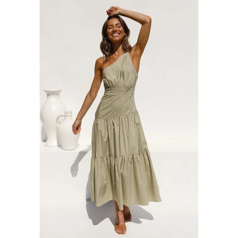 Spring Summer One-Shoulder Knotted Solid Color Fresh Long Sweet Dress - Image 2