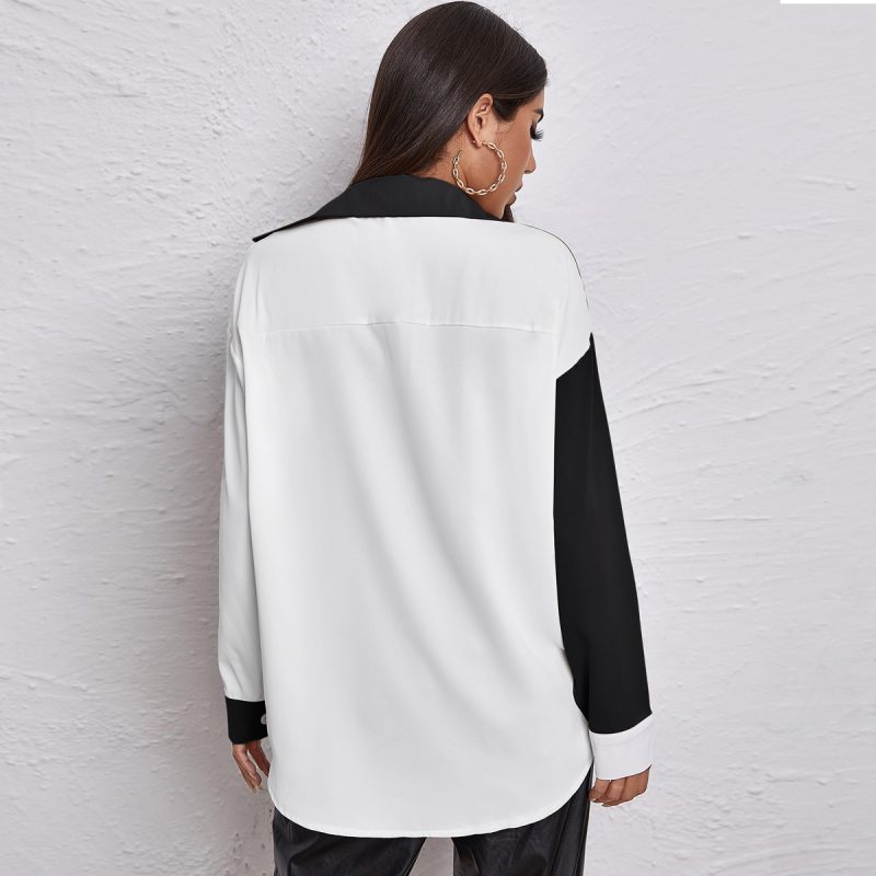Autumn Winter Contrast Color Sexy Patchwork Top Pocket Long Sleeve Chiffon Shirt - Image 4
