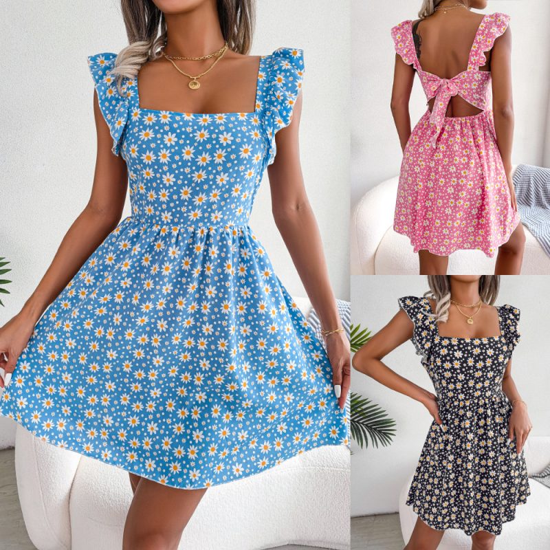 Spring Summer Backless Lace-up Daisy Print Casual Holiday Dress Women Clothing - Image 5