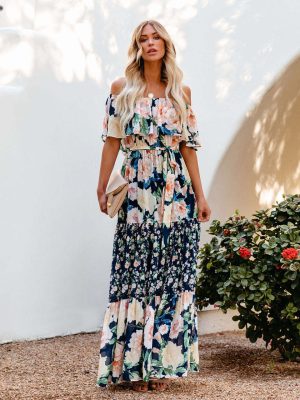 Sale Printed Waist Controlled off the Shoulder Long Women Dress