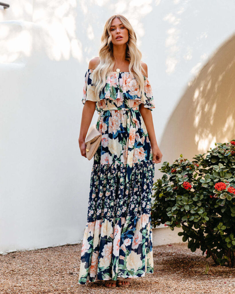 Sale Printed Waist Controlled off the Shoulder Long Women Dress