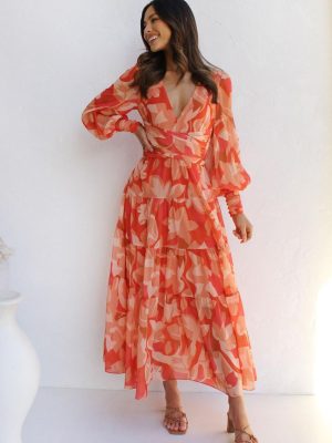 Autumn Winter Casual Printed Long Sleeve V Neck Swing Dress Maxi Dress