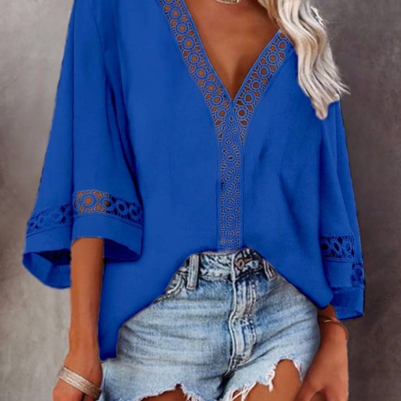 V-neck Hollow Out Cutout Lace Loose Shirt Women Clothing - Image 2