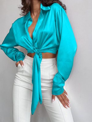 Spring Collared Long Sleeve Cropped Women Cropped Top