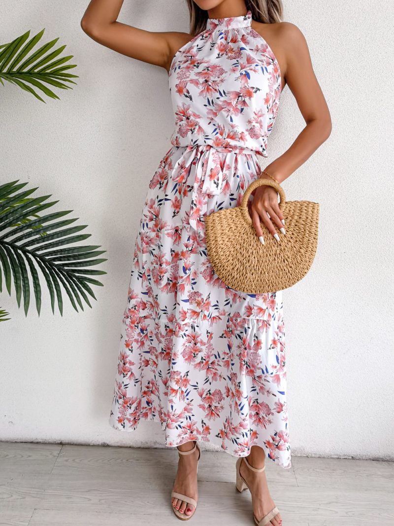 Halter Lace-up Backless Floral Dress Irregular Asymmetric Holiday Dress Women Clothing - Image 4