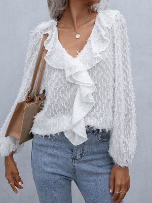 Ruffled Tassel Feather V neck Long Sleeve Shirt Office Transparent Shirt Top Women