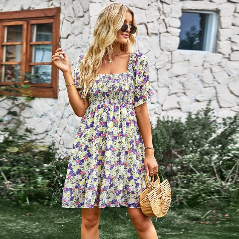 Floral Dress Spring Autumn French Square Collar Babydoll Dress - Image 2