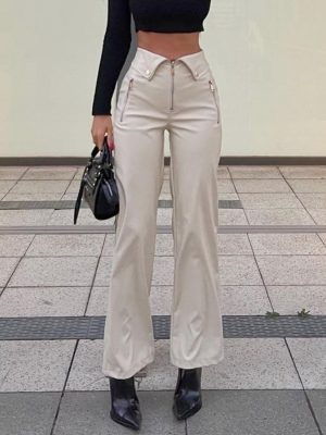 Fall Women High Waist Straight Loose Wide Leg Casual Pants Leather Pants