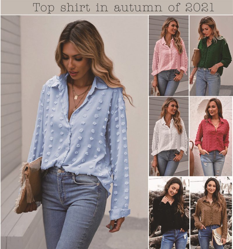 Autumn Women Clothing Long Sleeve Collared Shirt Polka Dot Chiffon Jacquard Cardigan Office Top - Image 5