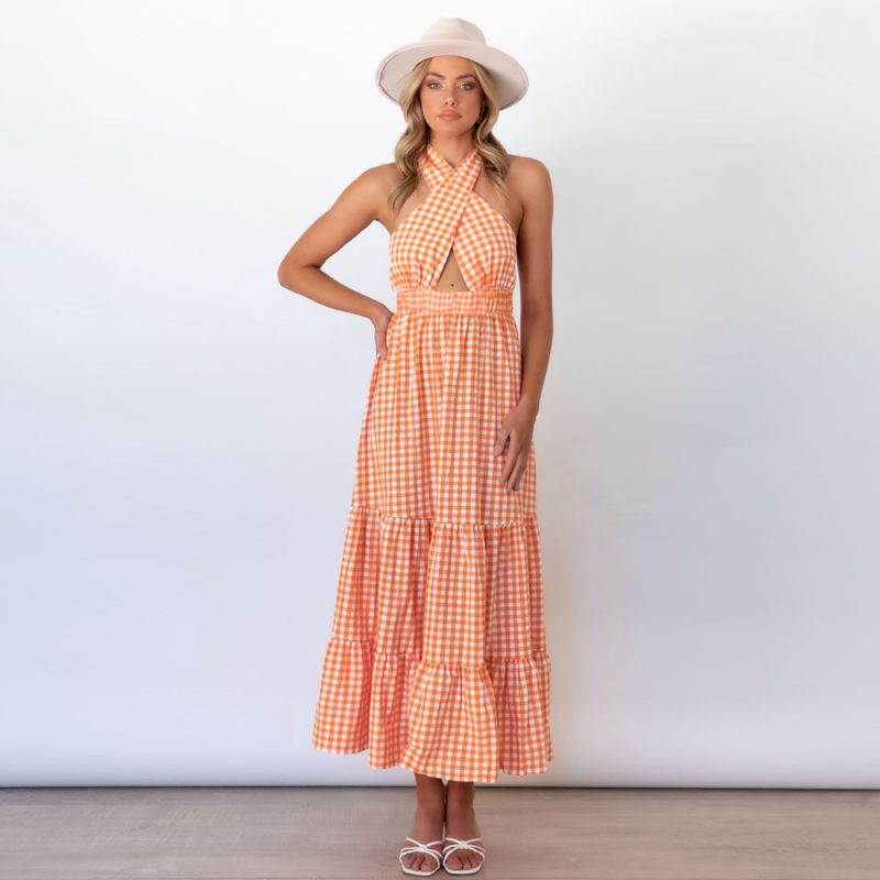 Sexy Backless Waist Trimming Dress Summer Sexy Plaid Dress - Image 2