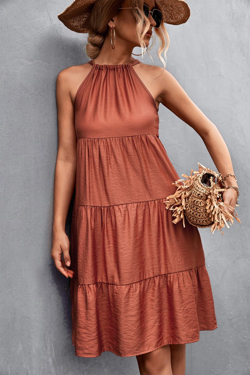 Spring Summer Halter Strap Gathers Stitching Dress for Women - Image 4