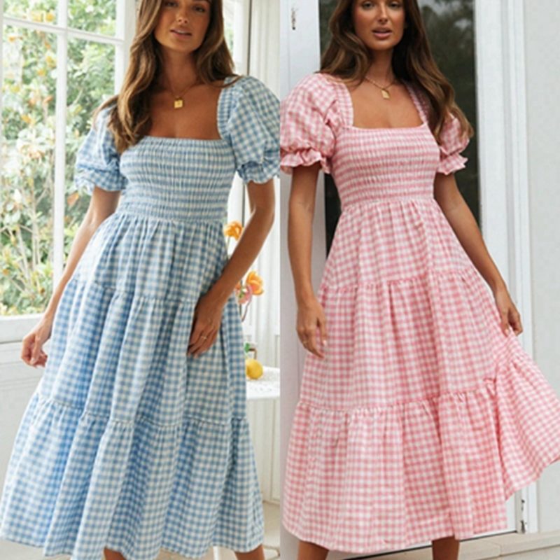 Spring Summer Smocking Short Plaid Puff Sleeve Dress Women Clothing Tiered Dress - Image 5