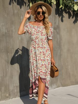 Summer Floral-Print off-Shoulder Irregular Asymmetric Dress Maxi Dress for Women