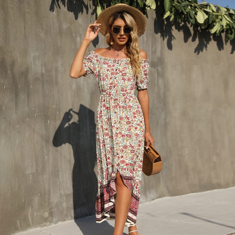 Summer Floral-Print off-Shoulder Irregular Asymmetric Dress Maxi Dress for Women