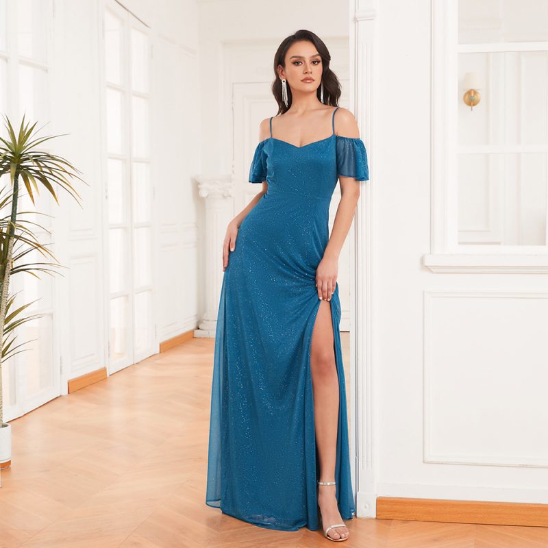 Spring Summer Off The Shoulder A Swing Side Slit Shiny Chiffon Dress Camisole Ruffled Party Dress - Image 4