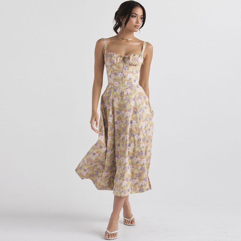 Women Clothing High Waist Slit Floral Strap Dress Women Socialite Vacation Dress - Image 2