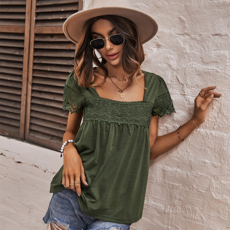 Casual French Square Collar Top Summer Short Sleeve Lace Stitching Women Clothing - Image 2