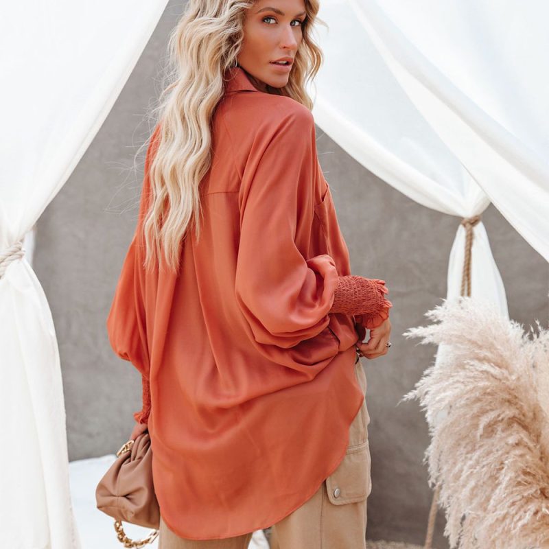 Spring New Button Loose Lantern Sleeve Long Sleeve Shirt Women Clothing - Image 2