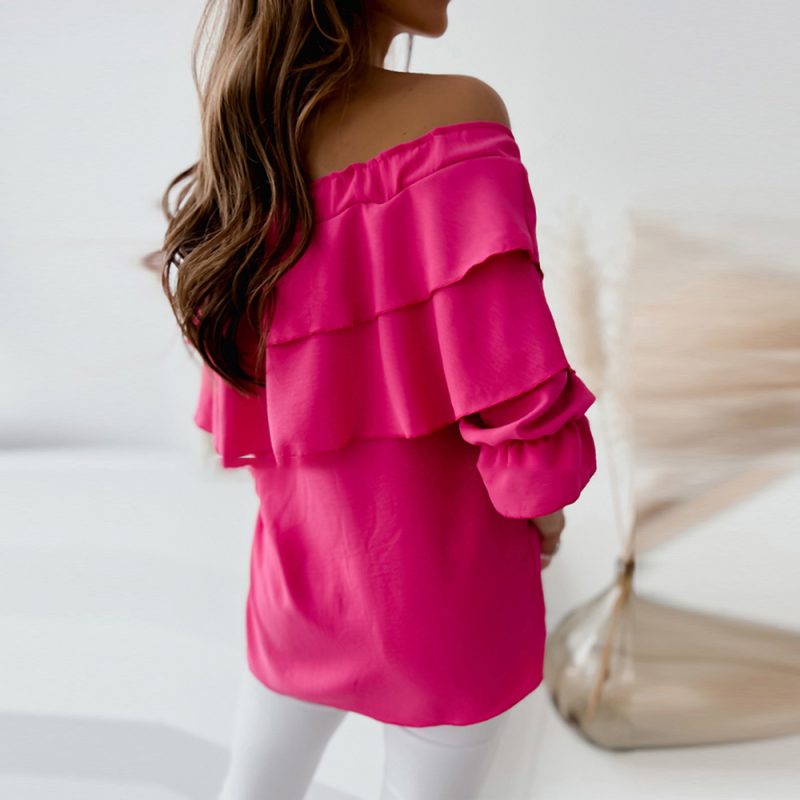 Ruffled Chiffon Shirt Women Three Quarter Sleeve Sexy off Shoulder T-shirt - Image 3