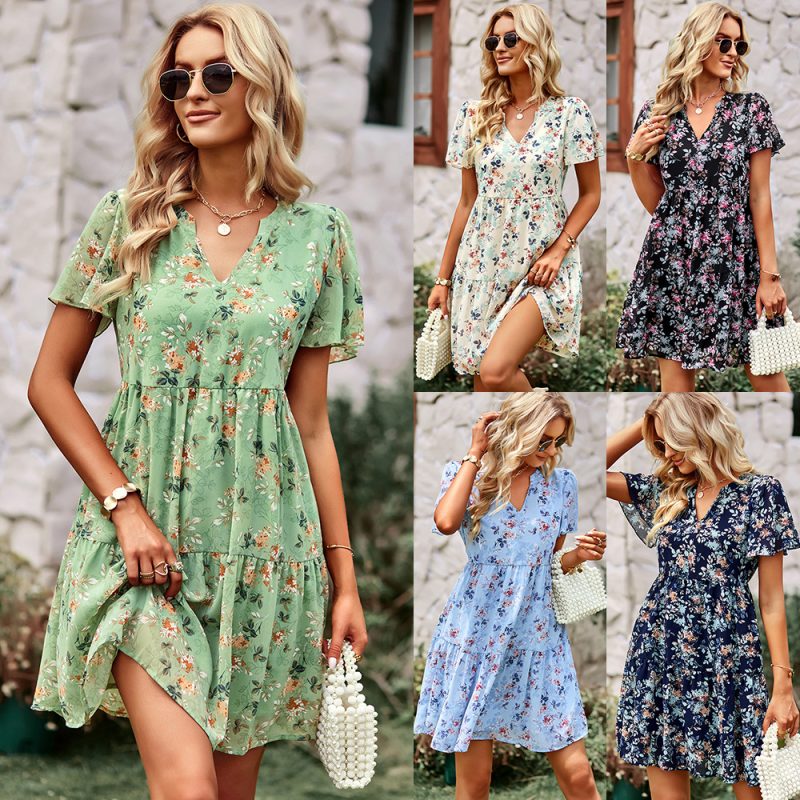 Country Fashion Babydoll Dress Spring Autumn V-neck Printed Dress - Image 5