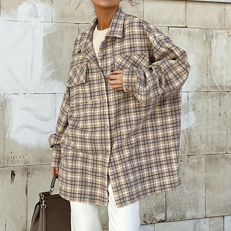 Spring Retro Khaki Plaid Shirt Women  Office Oversize Long Sleeve Inner Wear Shirt Top - Image 2