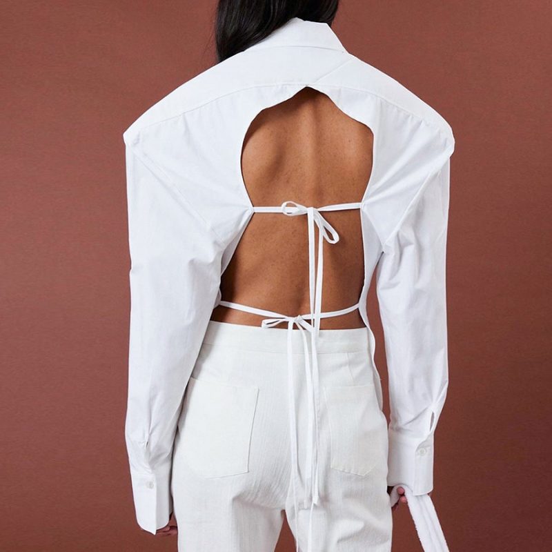 Spring Design Backless Lace up Shirt Shoulder Pad Office Fitted Waist High Waist - Image 2