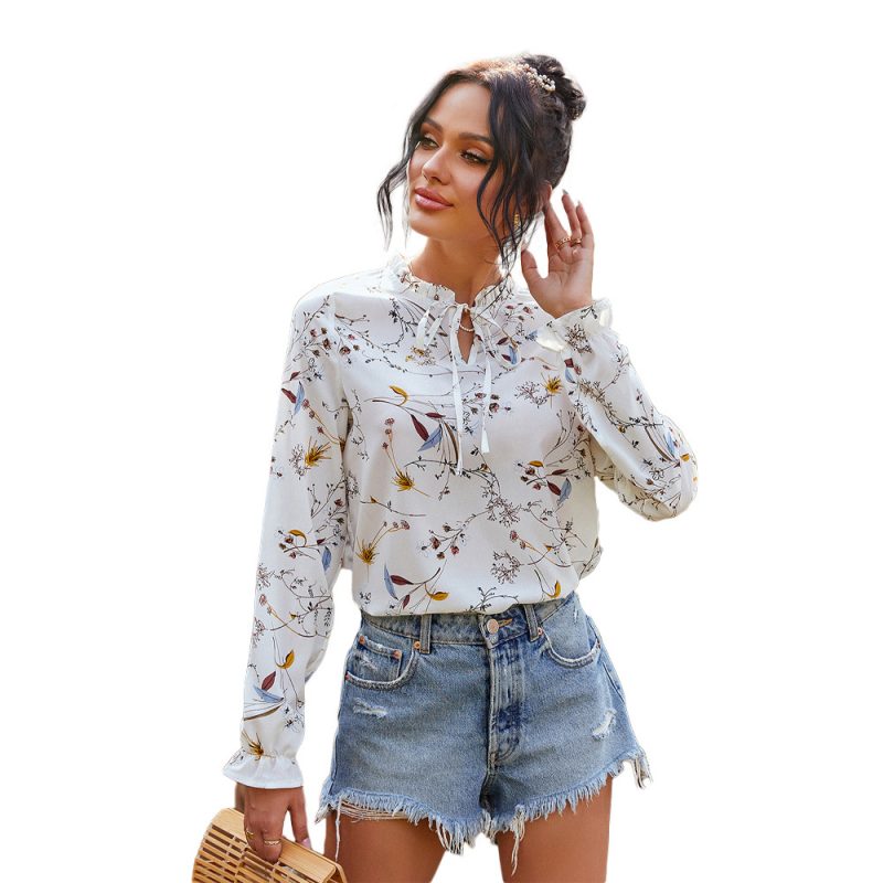 Women Clothing  Spring Autumn Long Sleeve Small Floral Tie-Neck Printed Top - Image 4