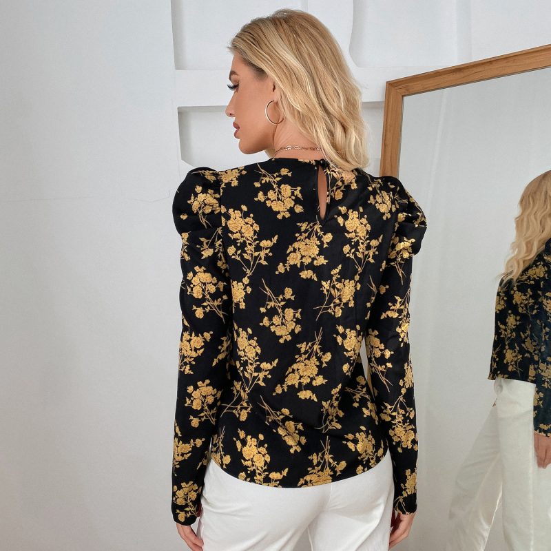 Autumn Winter Elegant Plant Floral Long Sleeve round Neck Top Women - Image 4
