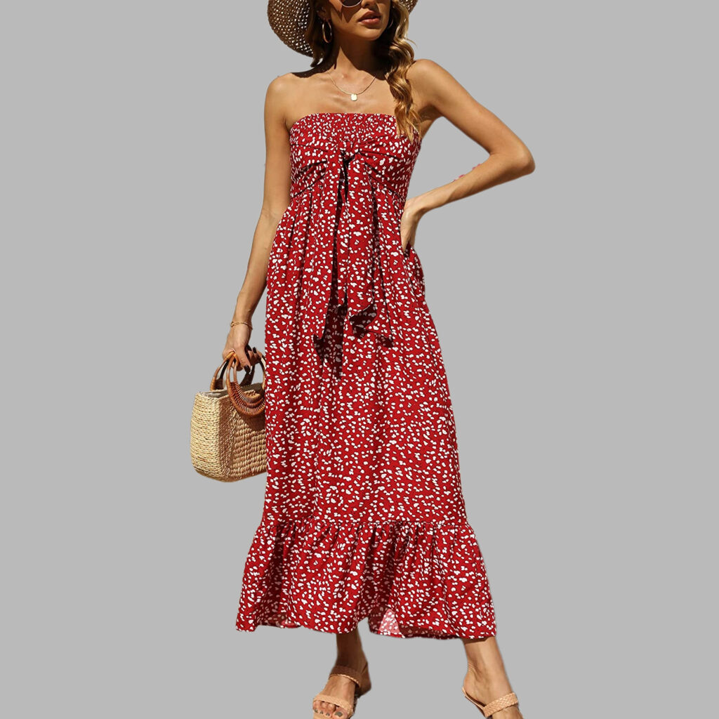 Women Summer Bohemian Floral off Shoulder Pleating Tube Top Ruffle Beach Vacation Dress - Image 2