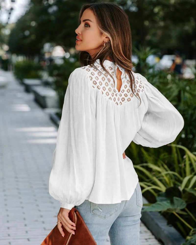 Women Clothing Long Sleeve Shirt Lace Hollow Out Cutout Stitching Pullover Top Shirt - Image 2