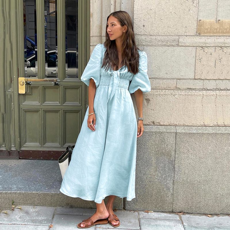 Summer French Elegant Dress Sexy Low Cut V neck Puff Sleeve High Waist Cotton Linen Dress - Image 4