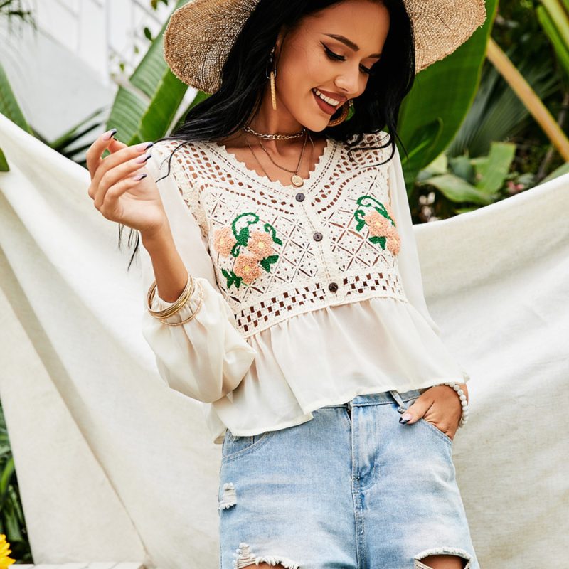 Summer Crochet Embroidery Peony Embroidery Chiffon Shirt Cardigan - Image 2