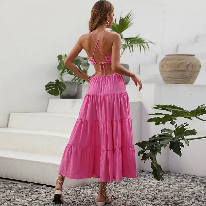 Women Clothing Sexy Casual Backless Lace up Elegant Halter Dress tiered dress Maxi Dress - Image 3
