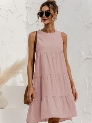 Spring Summer round Neck Sleeveless Stitching Loose Big Hem Vest Dress