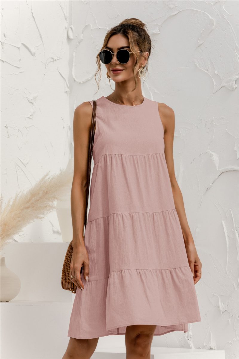 Spring Summer round Neck Sleeveless Stitching Loose Big Hem Vest Dress