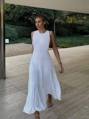 Spring Summer Knitted Dress Casual Waist Tight round Neck Big Pit Stripe Slimming Knitted Maxi Dress for Women