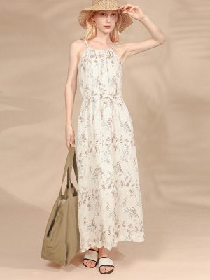 Summer French Print Halter Linen Dress Design Simple Elegant Wide Hem Maxi Dress