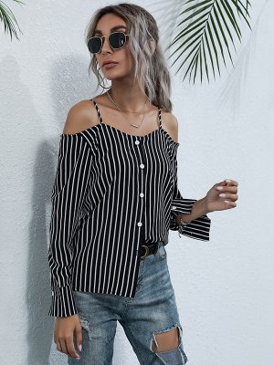 Spring Autumn Long-Sleeved Vertical Striped off-Shoulder Strap Chiffon Shirt for Women