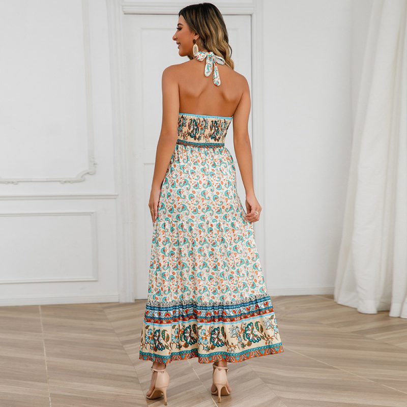 Sexy Crossover Lace up Halterneck Summer Criss Cross Women Clothing Bohemian Vintage Floral Dress - Image 3
