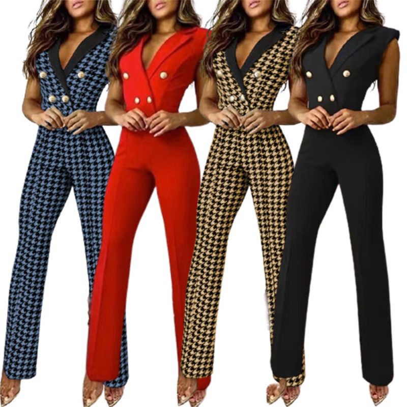 Spring Summer Women Clothing  Color Matching Button V-neck Sleeveless Houndstooth Jumpsuit Business Wear for Women - Image 4